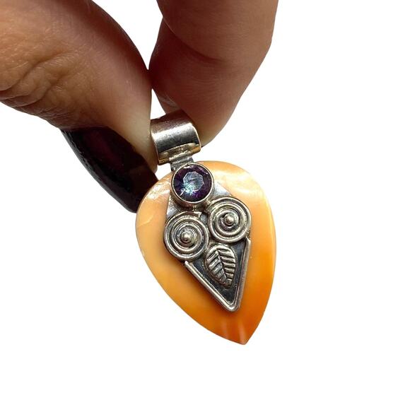 Spiny Oyster Shell & Mystic Topaz Necklace Pendant Solid 925 Sterling Silver Owl - Picture 1 of 8